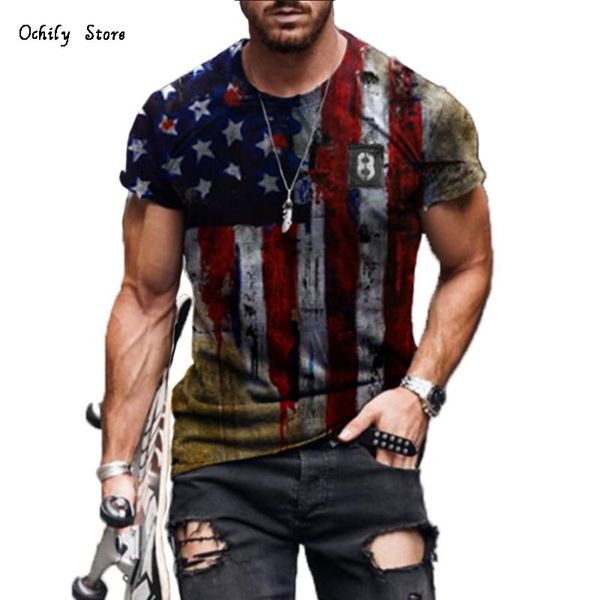 

men's t-shirts 2021 men clothing summer america flag retro casual short sleeve t-shirt fashion round neck stars print pullover loose, White;black