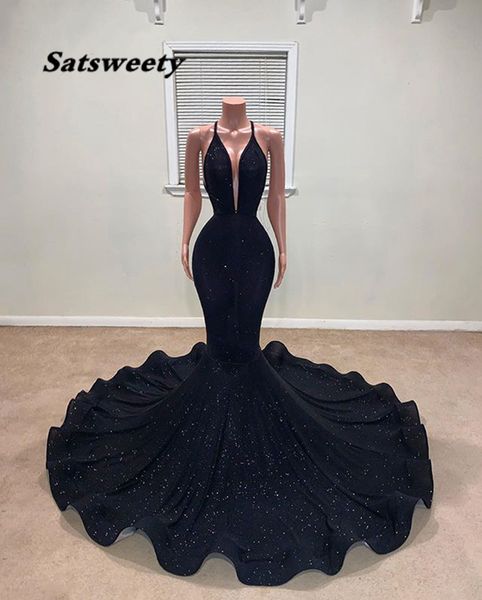 

long prom dresses 2021 mermaid deep v-neck sleeveless african girl black evening dress with train