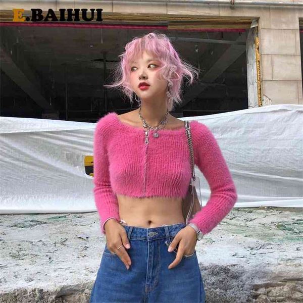 

ebaihui knitted cardigan sweater autumn pink furry off shoulder slim knit short sweet girl kpop v neck 210522, White