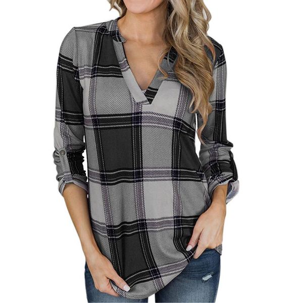 

women's t-shirt 2021 fashion autumn spring rolled sleeve casual women plaid print v neck shirt loose tunic retro pullover tees -3xl, White