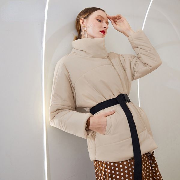 

elegant short winter coat women fashion design with pocket parka coats stand collar casual sash belt overcoat 2020, Black