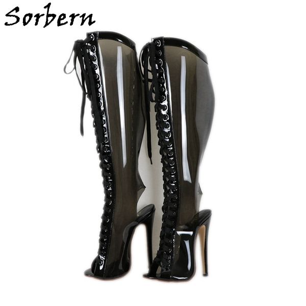 

sorbern black transparent pvc boots women open heels stilettos open toe lace up fetish shoes