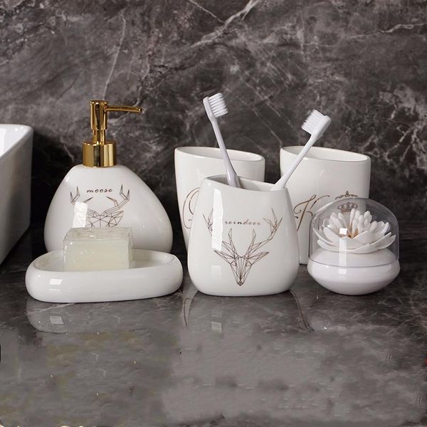 

bath accessory set nordic antler wash 5 piece bathroom kit mouth cup pvc cotton swab box ceramic supplies send 2 toothbrushes