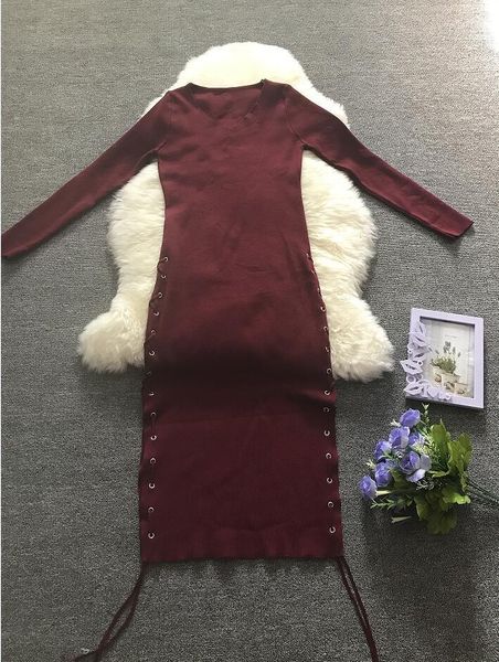 

casual dresses autumn winter women knitted long dress lace up both sides v neck sleeve woman knitting solid, Black;gray