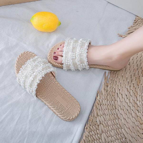 

shoes woman 2021 slippers soft luxury slides low pantofle lady string bead comfort designer girl flat basic cotton fabric ro, Black