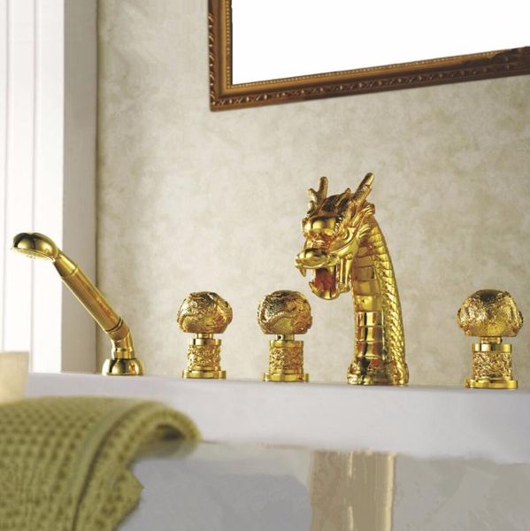 

bathtub faucet brass gold dragon waterfall bathroom sink handheld shower deck luxury tub widespread mixer tap lb-69a018-5 sets
