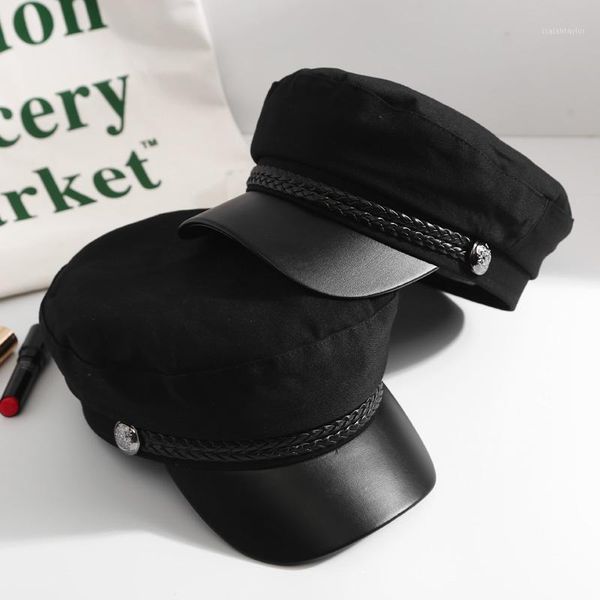 

berets 2021 women's hat flat cap military spring autumn pu octagonal black hats student street female, Blue;gray