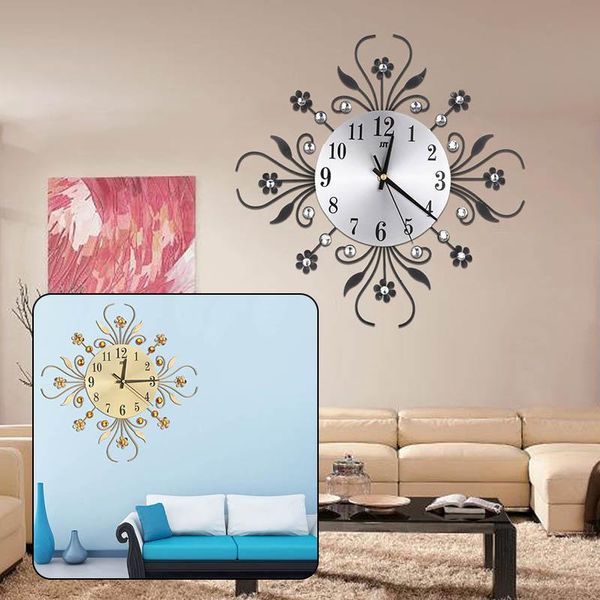 

37cm wall clock vintage home decor room gold diamond peacock metal silent no battery round clocks