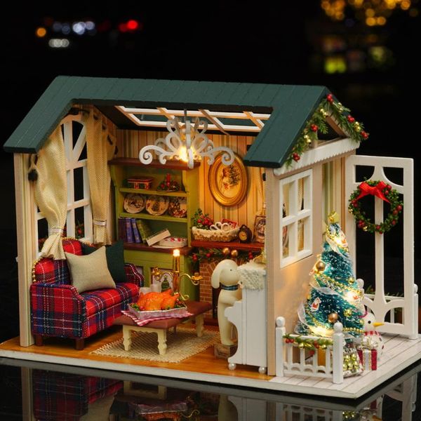 Deko-Objekte, Figuren, DIY, Weihnachten, Miniatur-Puppenhaus-Set, realistisches Mini-3D-Holzhaus, Zimmerhandwerk mit Möbeln, LED-Leuchten, Dezember
