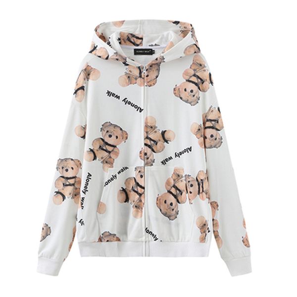 

women hooded pullover thin bear print white black autumn spring h0066 210514