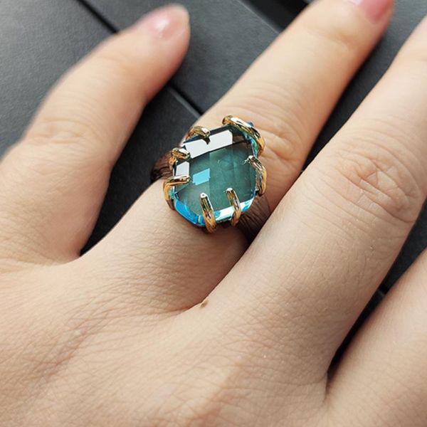 

cluster rings skyblue rectangle crystal zirconia ring black/gold 2 tone jewellery brass metal luxury large stone jewelry for women, Golden;silver