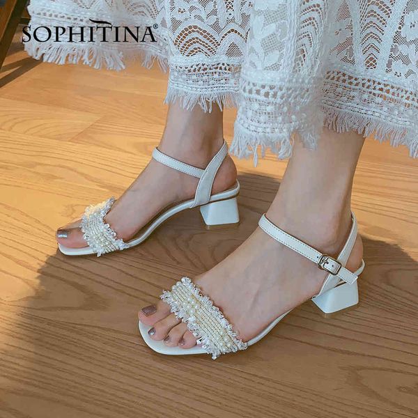 

sophitina women's heeled sandals open toe ankle strappy sweet pearl decor chunky heels slides ladies dress shoes po665 210513, Black