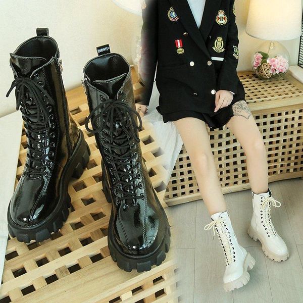 

boots lyxlyh women's patent leather warm plush motorcycle autumn winter fashion thick platform lace up ankle female shoes, Black
