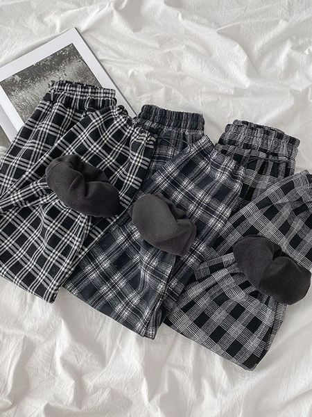 

women's pants & capris spring loose plaid casual elastic waist korean milk versatile plush trousers thickened wide leg nzmg, Black;white