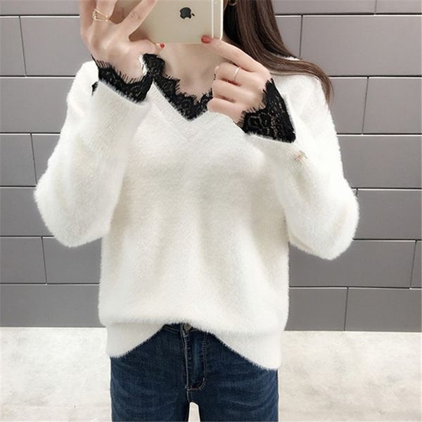 

knits 2021 winter mink fur women 4 color pullover ladies jumper loose thick warm lace splice v-neck long sleeve sweater female, White