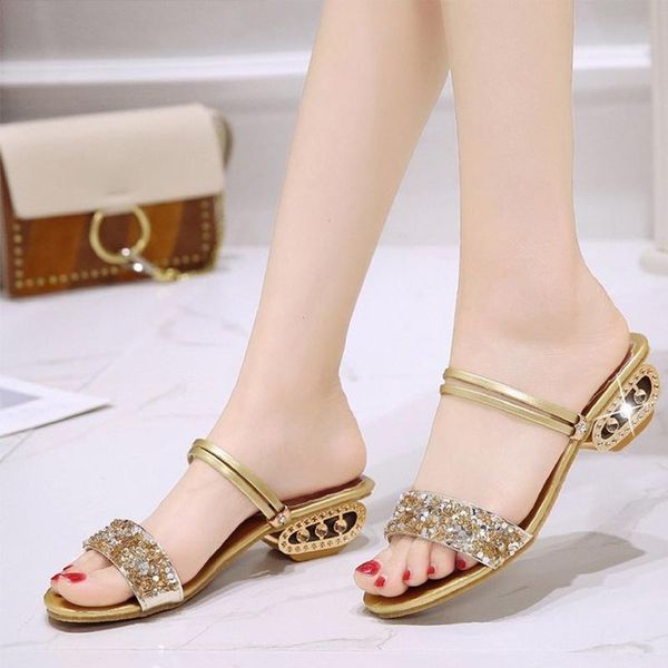 

sandals wear slides footwear woman slip on women's summer slippers ladies shoes female drop peep toe chunky heels bling, Black