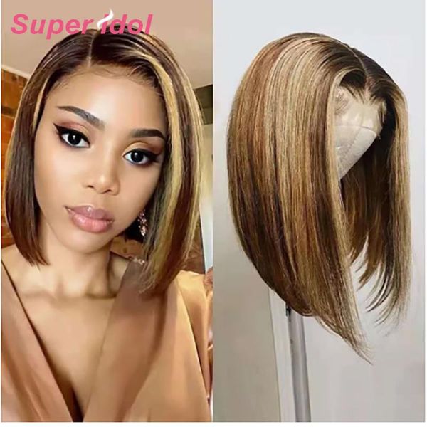 

lace wigs super idol p4/27 human hair short bob closure wig brazilian 4x4x1 t part for women pre plucked remy, Black;brown