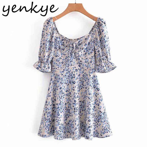 

floral print summer dress women square neck short sleeve a-line mini sundress vestido mujer holiday casual 210430, Black;gray