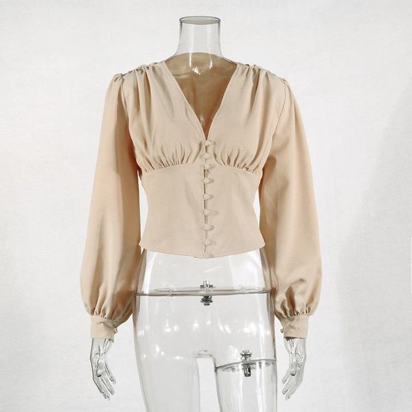 

solid color v-neck button long sleeve puff slim clothing blouse women women's blouses & shirts, White