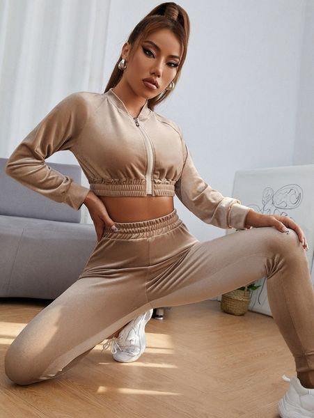 

petite raglan sleeve crop velvet bomber jacket & pants s2dk#, White