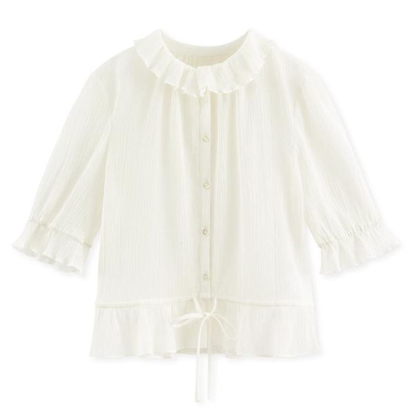 

spring summer women white color blouse silk half sleeve sweet lace-up buttons shirt women's blouses & shirts