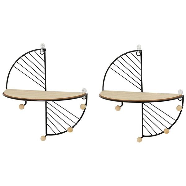 

iron and wooden storage basket with hooks, sector design key rack, hangers holder wall hook, home decoration (2 pcs)