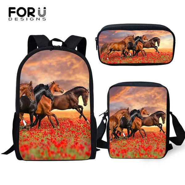 FORUDESIGNS Mochila de moda para niños Caballos de flores Patrón de animales Bolsa de libros Escuela primaria Bolsa de libros para niños / Bolsa de solapas / Bolsas de bolígrafos X0529