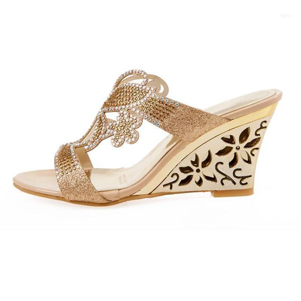

sandals junsrm women rhinestone crystals cutout wedge high heel shoes open toe platform summer flip flops 202111, Black