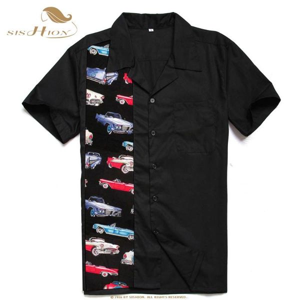 

men black shirt short sleeve vintage cars print cotton retro cowboy rockabilly bowling st110 camisa hombre men's casual shirts, White;black