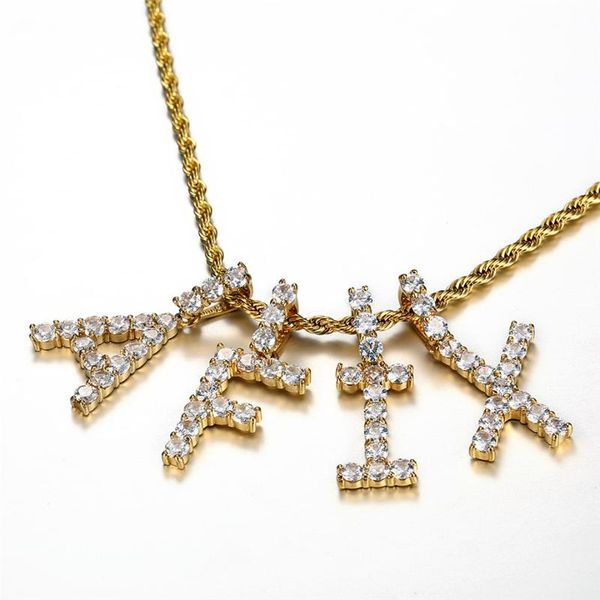

pendant necklaces stainless steel initial litter name necklace gold color iced out cz alphabet & tennis chain rock hip hop bling jewelry, Silver