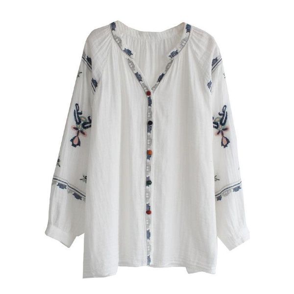 

women's blouses & shirts 8935 spring clothing shirt artistic ethnic style long sleeve loose lapel embroideryvcollar cotton, White