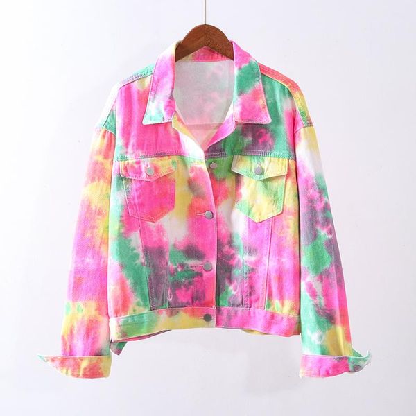 

women's jackets colorful jeans lady 2021 spring and autumn korean bf loose coat all-match color tie-dye tooling jacket, Black;brown