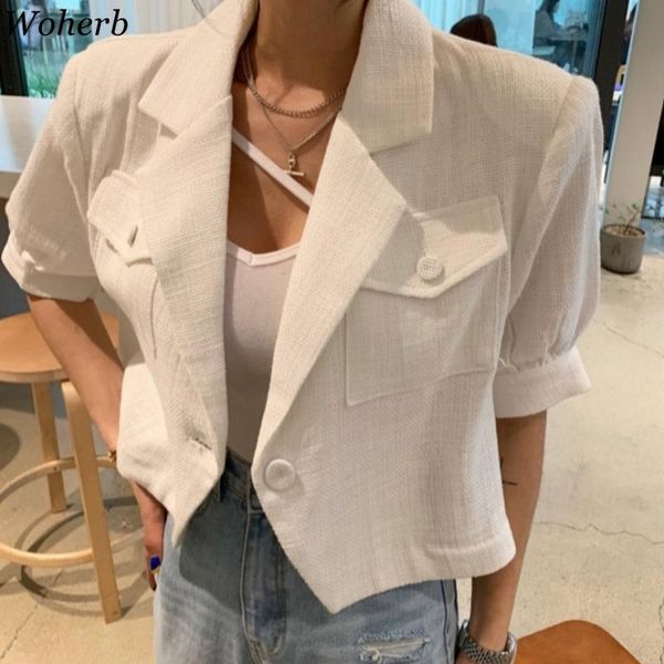 

women's jackets woherb korean notched collar casual summer puff sleeve temperament one button pocket suit jacket elegant women outerwe, Black;brown