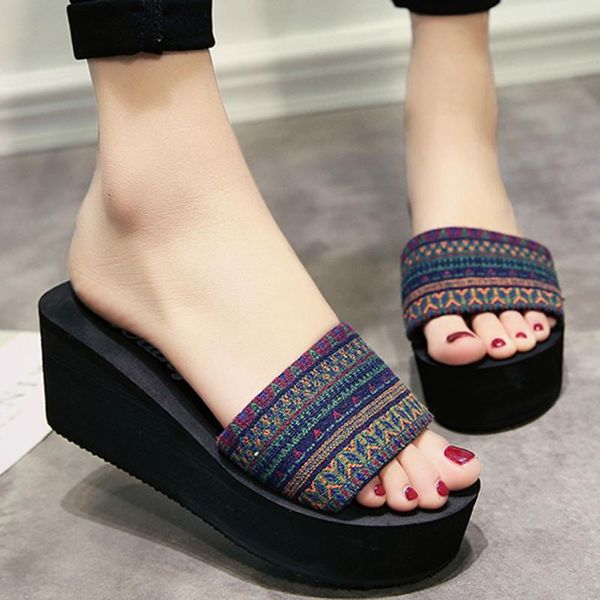 

slippers sagace women ethnic home slipper ladies summer sandals slides shoes platform bath wedge beach flip flop, Black