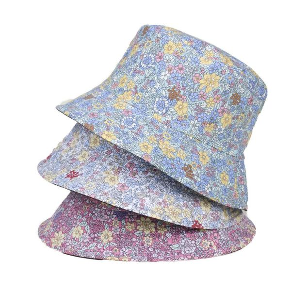 

wide brim hats floral colorful print female bucket caps little daisy girls panama outdoor sunscreen hat lady elegant fisherman gift, Blue;gray