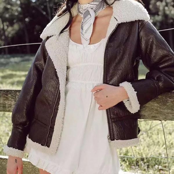 

women's leather & faux vintage 2021 winter padded fur warm shearling women pu jacket thick lambswool zipper fall coat fashion outwear, Black