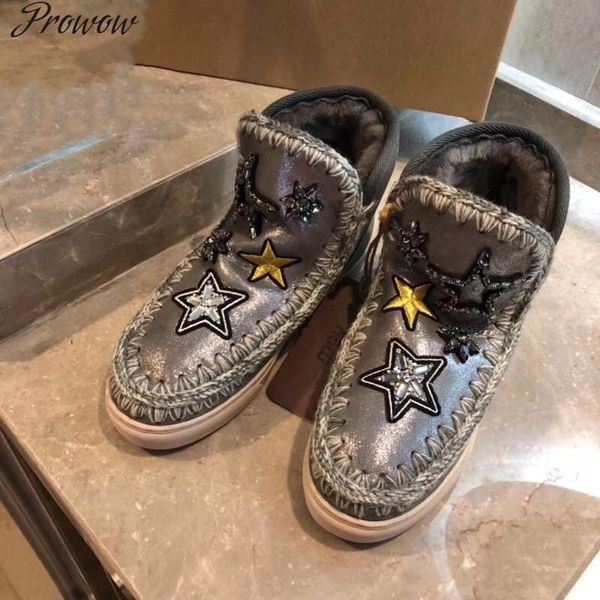 

boots prowow silver patent leather snow women embroidery star ankel chlunky for fashion designer, Black