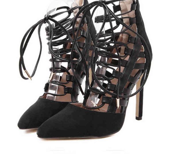 

four seasons suede pointed bandage sandals large women, Black