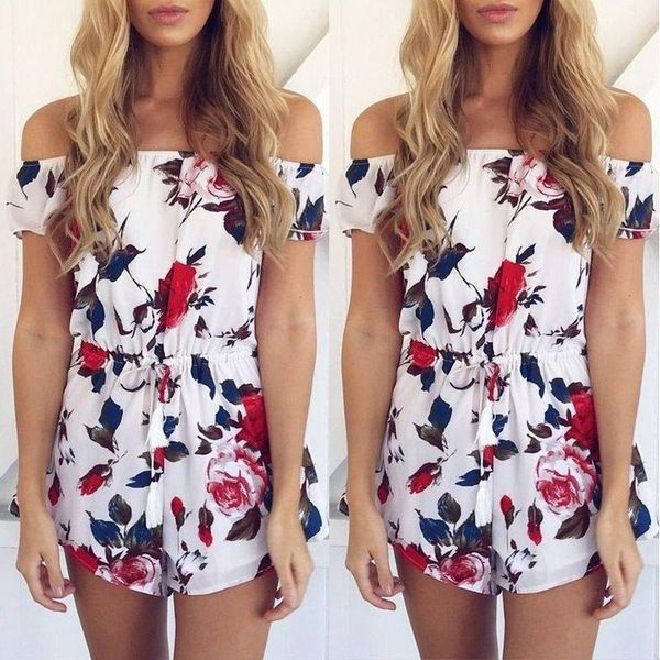 

women's jumpsuits & rompers summer women clubwear floral off shoulder beach playsuit party jumpsuit romper short trousers, Black;white