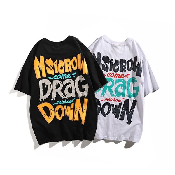

couple men's short sleeve 2019 spring summer hip hop loose down english printed t-shirt for men, White;black