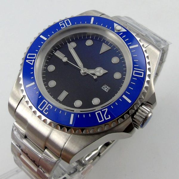 

wristwatches japan nh35 24 jewels automatic male wristwatch ceramic bezel insert date 44mm black blue sterile dial deployment, Slivery;brown