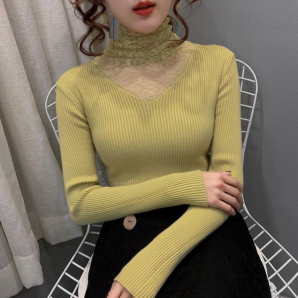 

women's sweaters fall winter knitted sweater turtleneck heaps collar women long sleeve patchwork lace bottoming shirt, White;black