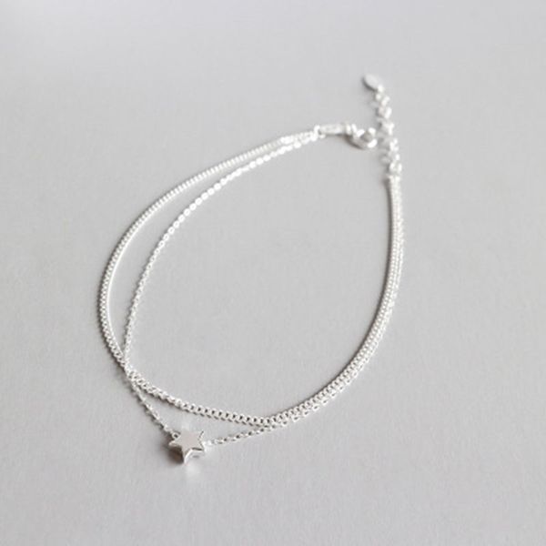 

real 925 sterling silver double chain small star anklet for women girls leg bracelet cheville enkelbandje halhal tobillera, Golden;silver