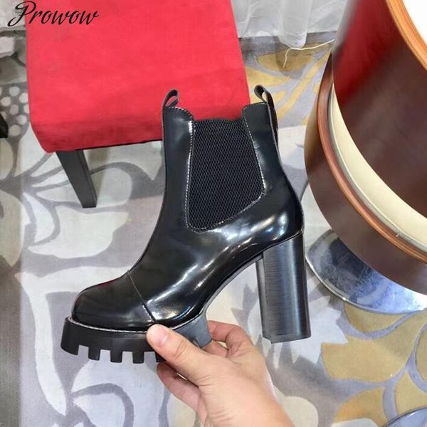 

boots prowow genuine leather platform ankle women luxury slip on chunky heels short winter shoes runway motorcycle for, Black