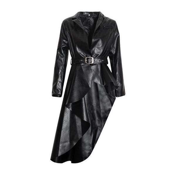 

women pu leather windbreaker coats trench lapel collar long sleeve sashes irregular hem slim lady autumn coat women's & faux, Black
