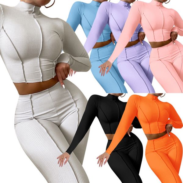 

women tracksuits two piece set designer ribbed knitted autumn reverse wear outfits medium high collar thread high waist slim fit sets, Gray