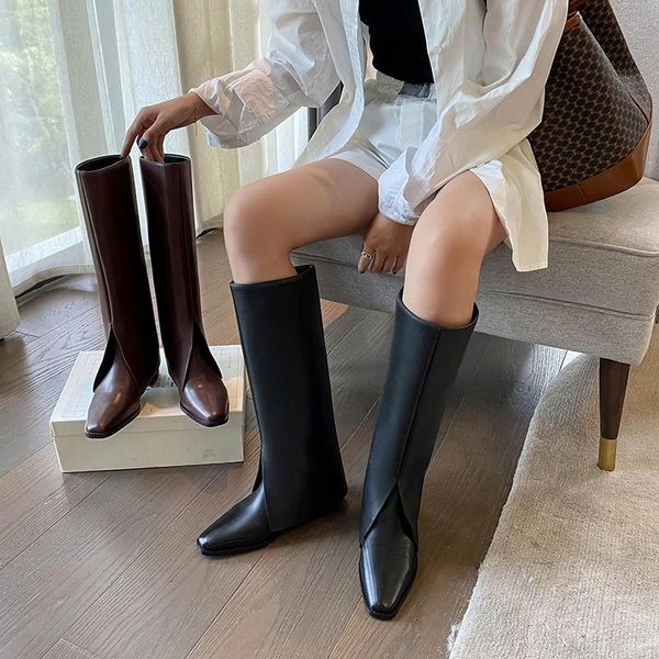 

boots women winter fashion wedding party modern shoes woman heels knee high genuine leather, Black