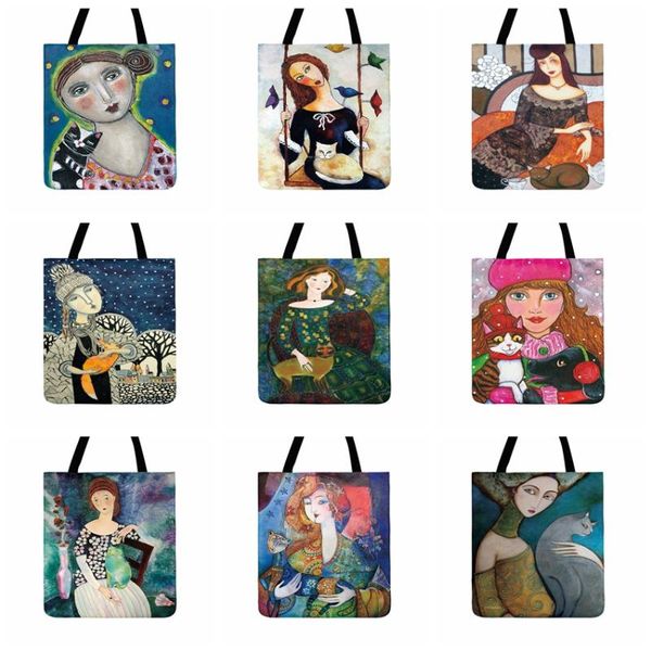

shopping bags classical girl and cat oil painting print tote bag women casual foldable outdoor beach ladies shoulder