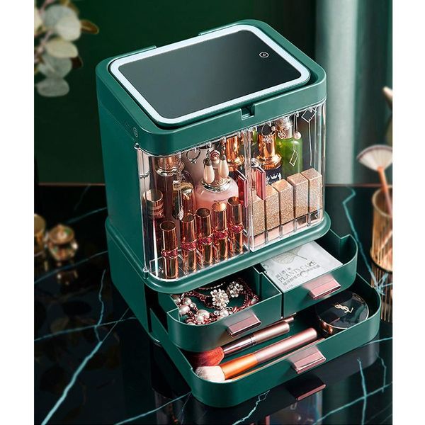 

cosmetic storage box with mirror led light deskmakeup organizer case dust-proof drawer type for cosmetics boxes & bins