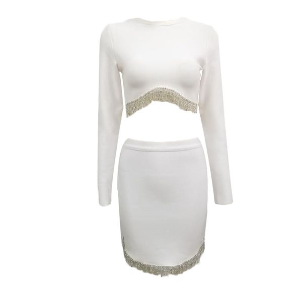

women set suit elegant long sleeve white beading party club skirts celebrity bodycon 2 piece clothing 210515